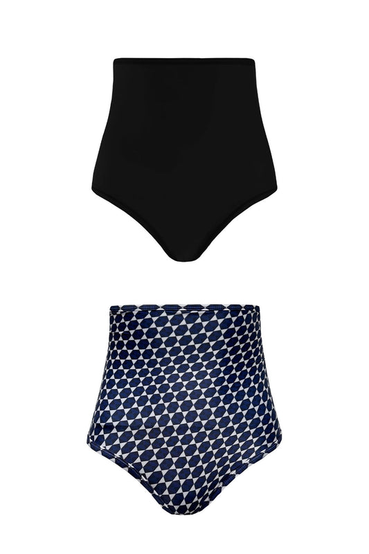 Product image showing both the solid black coloured side and mosaic tile pattern side of the Mirage bikini bottoms. The pattern features navy, white and black.