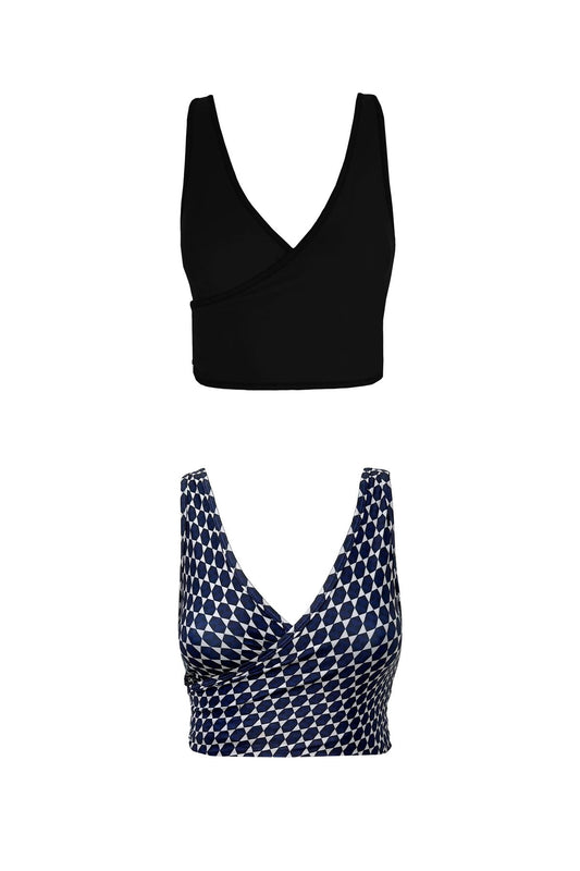 Product image showing both the solid black coloured side and mosaic tile pattern side of the Mirage bikini top. The pattern features a navy, white and black colour way.