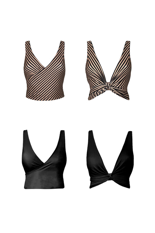 A product image showing each reversible side of the Valencia bikini top. One side is a solid black whilst the other features a bold, coffee toned stripe pattern. A waist tie is used to cinch the bust line to showcase versatility.