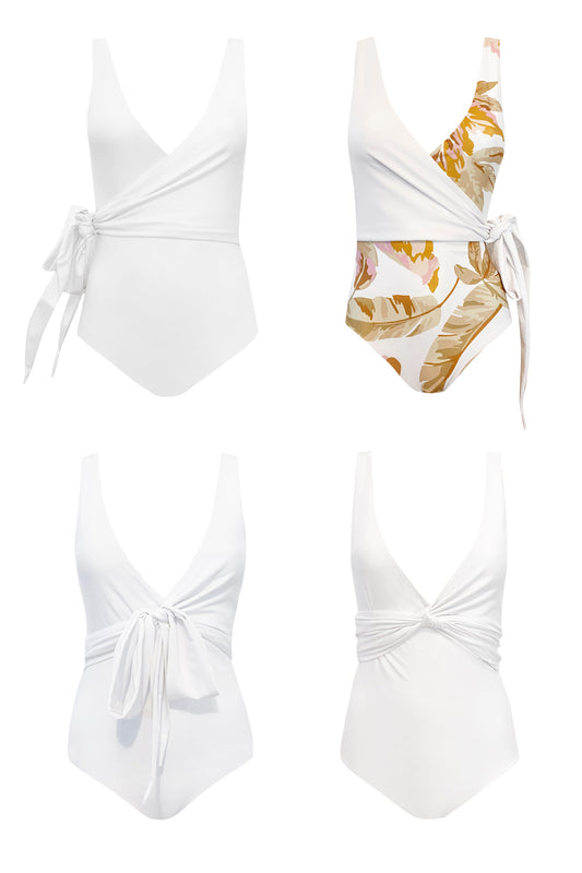 Reversible white and tropical print swimsuit