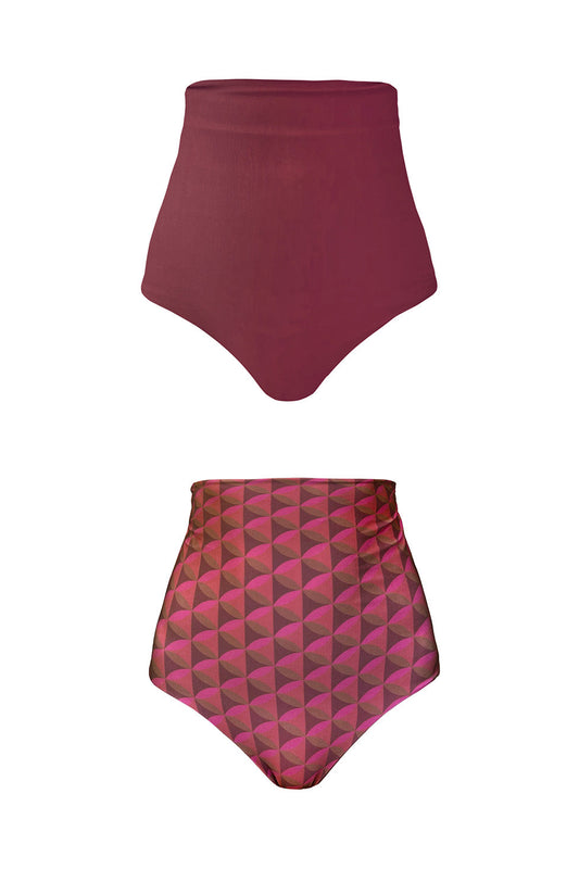 Product image showing each reversible side of the Monroe bikini bottom. One side is wine coloured, and the other features a burgundy geometric print.