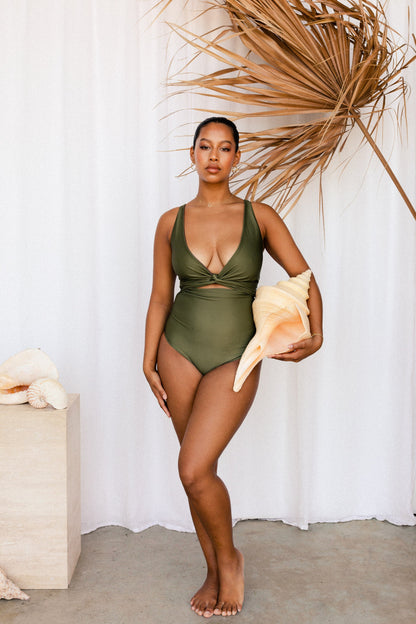 Woman wearing solid Khaki bikini 