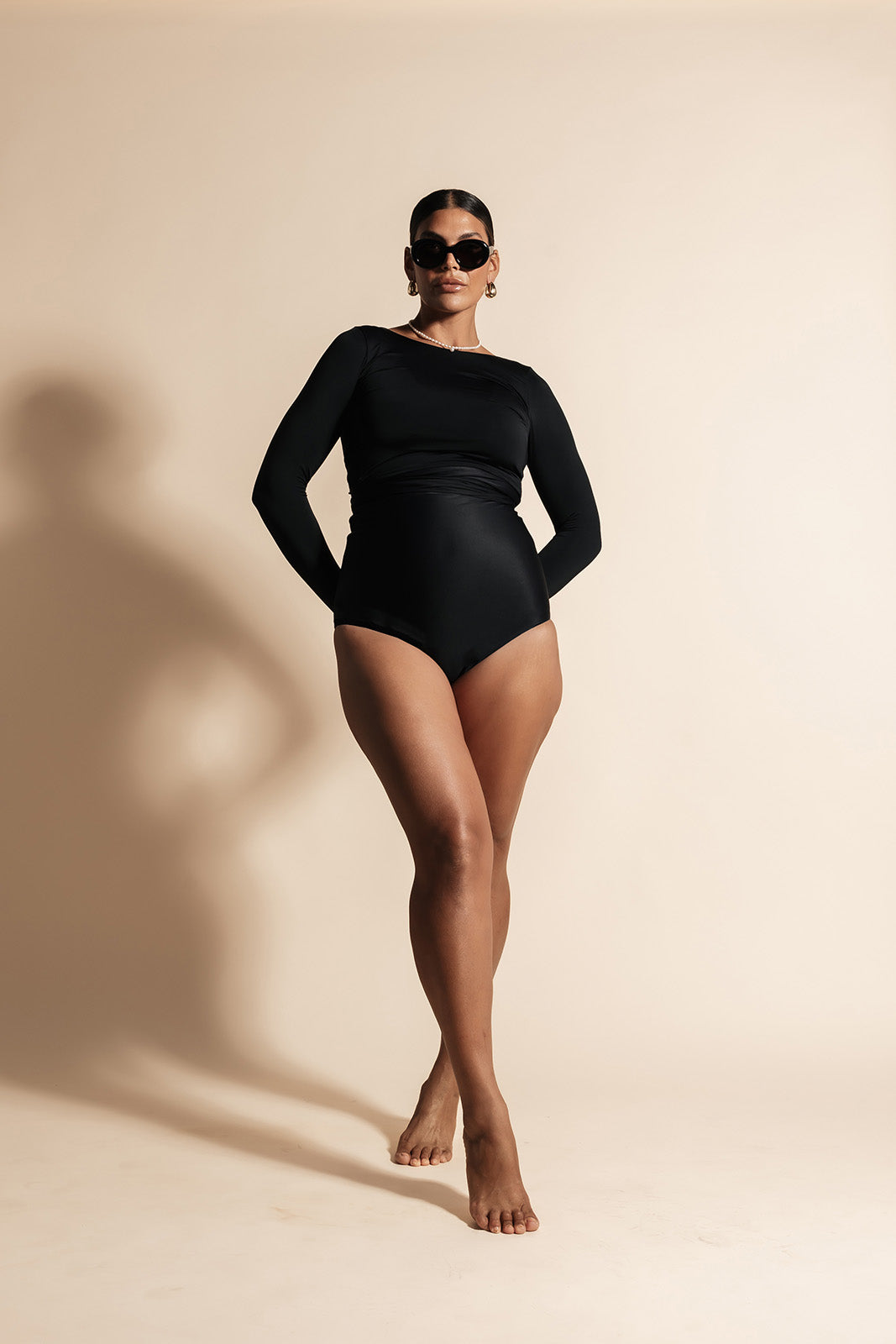Black Long Sleeve Swim Wrap Top - Main Image