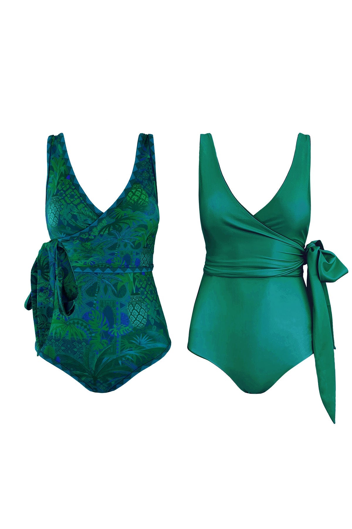 Product image showcasing a wrapsuit with a solid emerald green side next two it's reversed green and teal motif printed side. Both feature a matching waist tie.