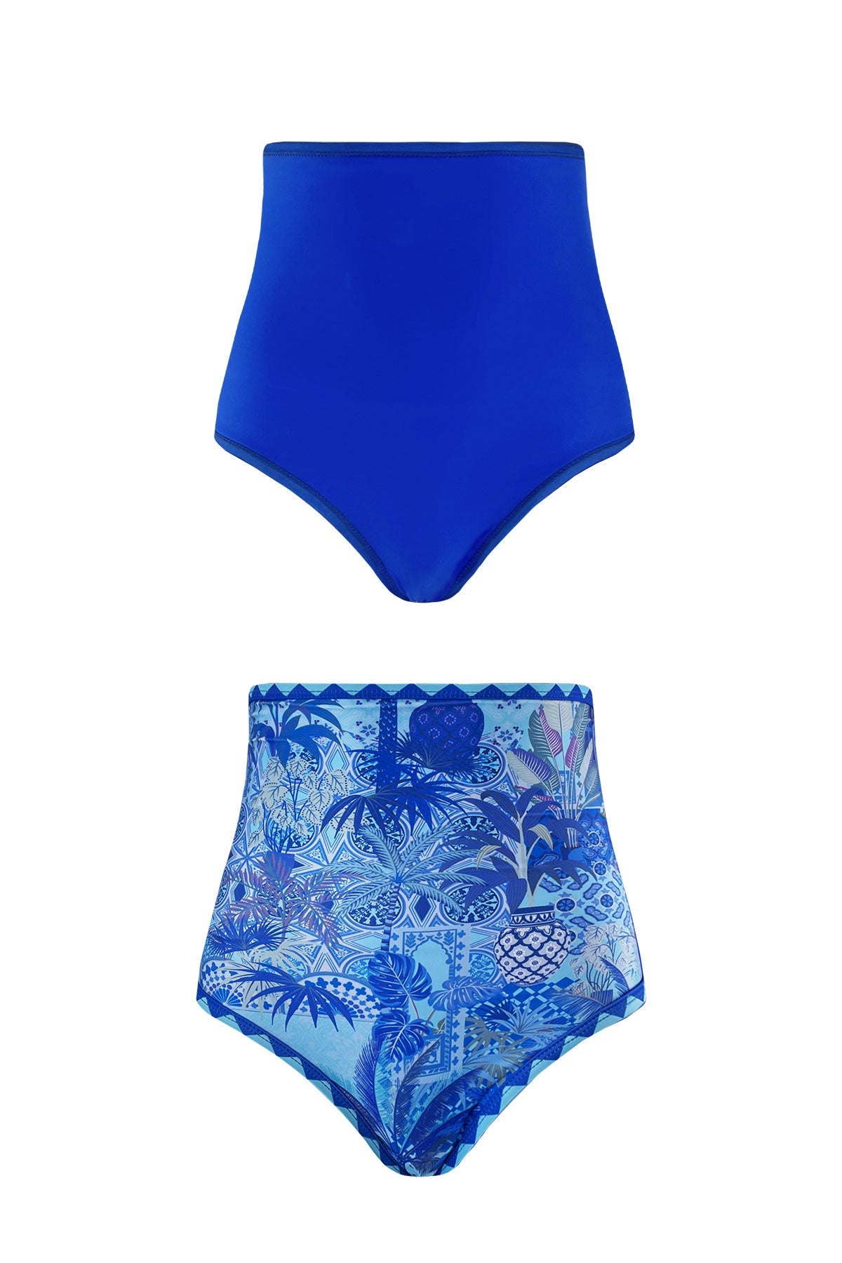 Product image showcasing both reversible sides of the Capri bikini bottoms. One is a solid ultramarine blue and the other features a blue toned Italian motif inspired print.