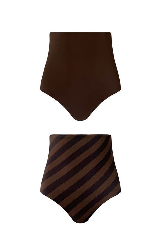 Product image showing both reversible sides of the Espresso bikini bottoms. One features the solid brown side, while the other showcases the deep chocolate and macchiato stripe pattern.