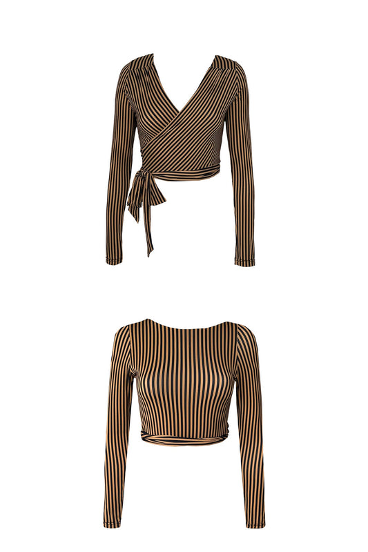 Product image showing the front and back side of the Valencia long sleeve wrap top which can be worn with either side facing forward. The top shows the front with a v neck line and diagonal stripe format. The bottom has a high neckline and vertical stripe pattern.