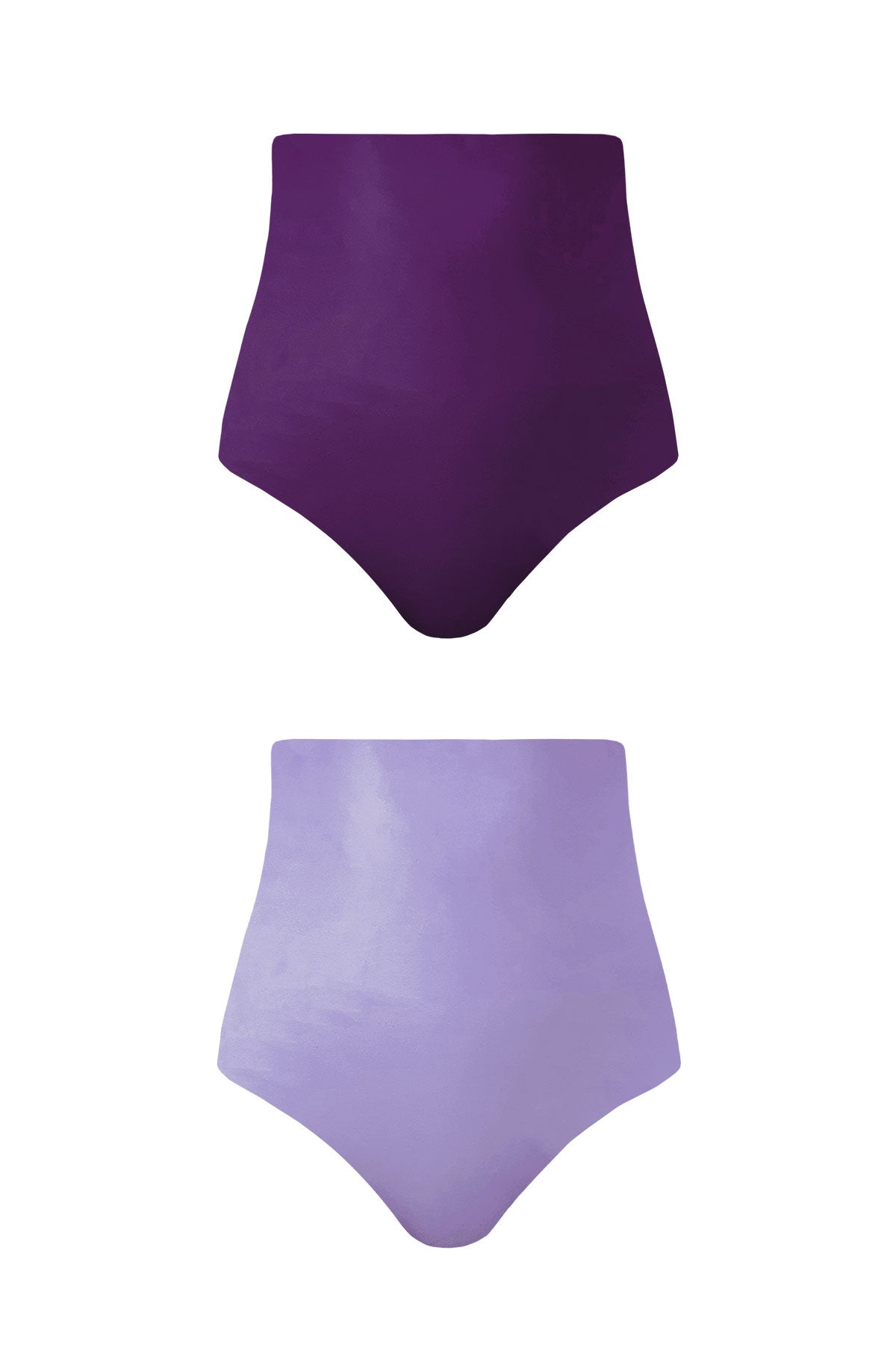 Product image showing each side of the reversible, high cut Marbella bikini bottoms. One side is a deep purple hue while the other is soft lilac.