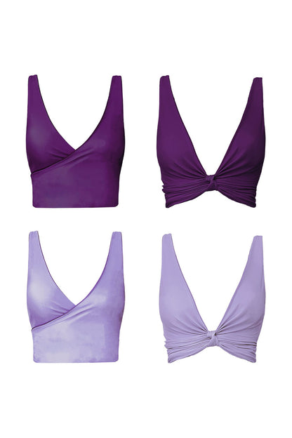 Product image showing each side of the reversible Marbella bikini top. One side is a deep purple hue while the other is soft lilac.