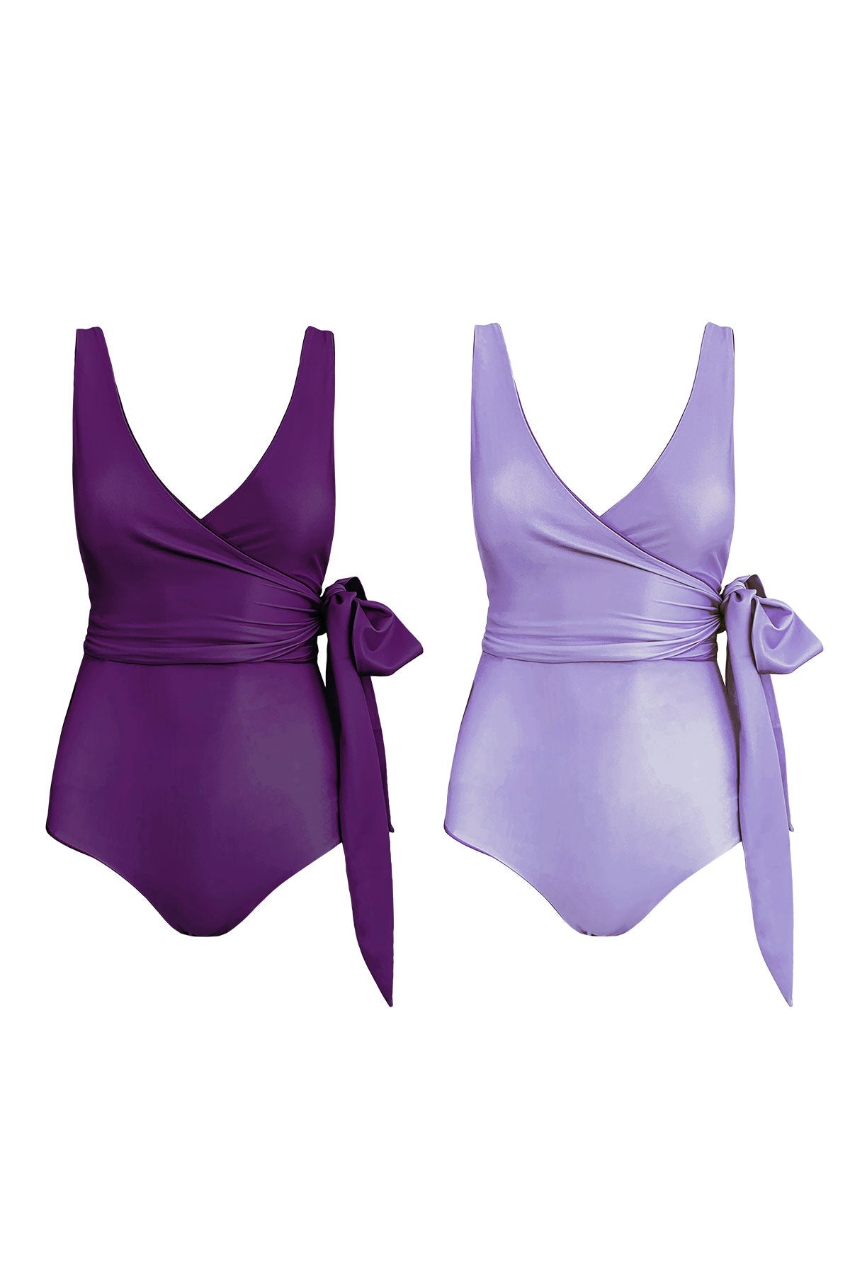 Product image showing each reversible side of wrapsuit with matching waist tie. One side is a soft lilac colour, and the other is a hue of deep purple.