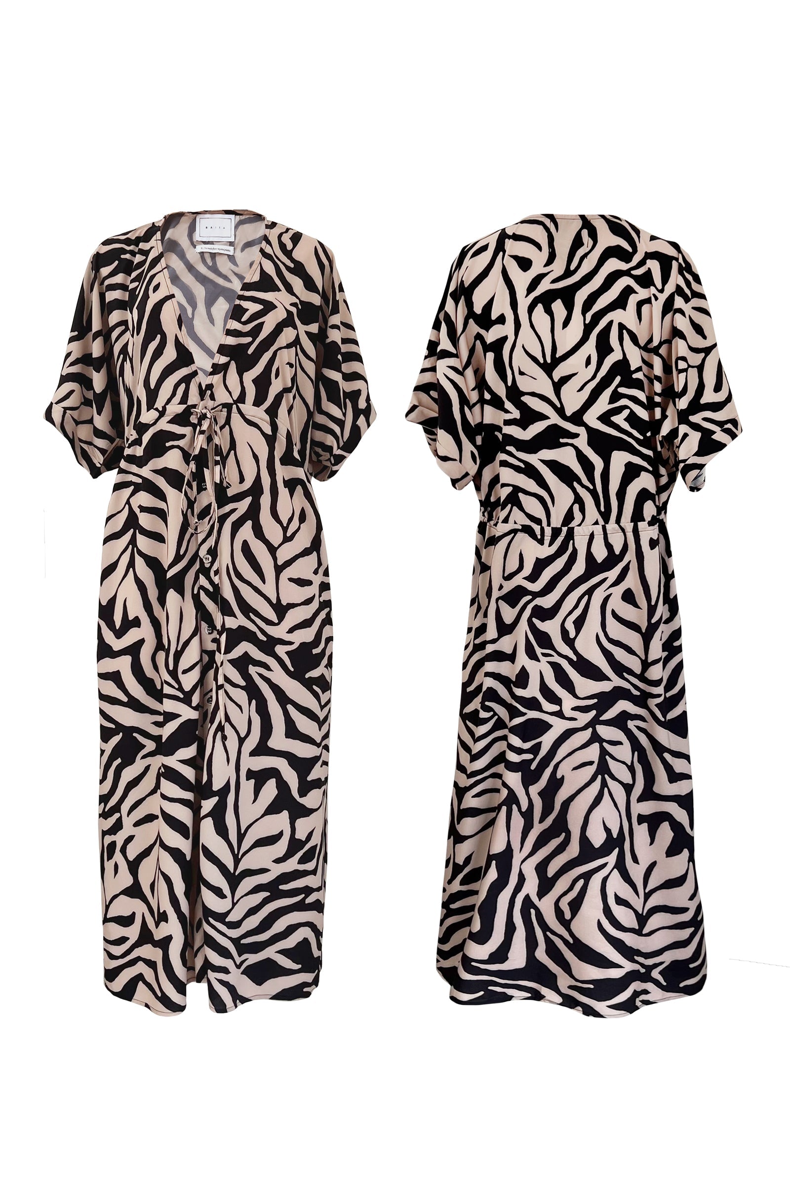 Back and front full length view of the Tulum animal print kaftan dress