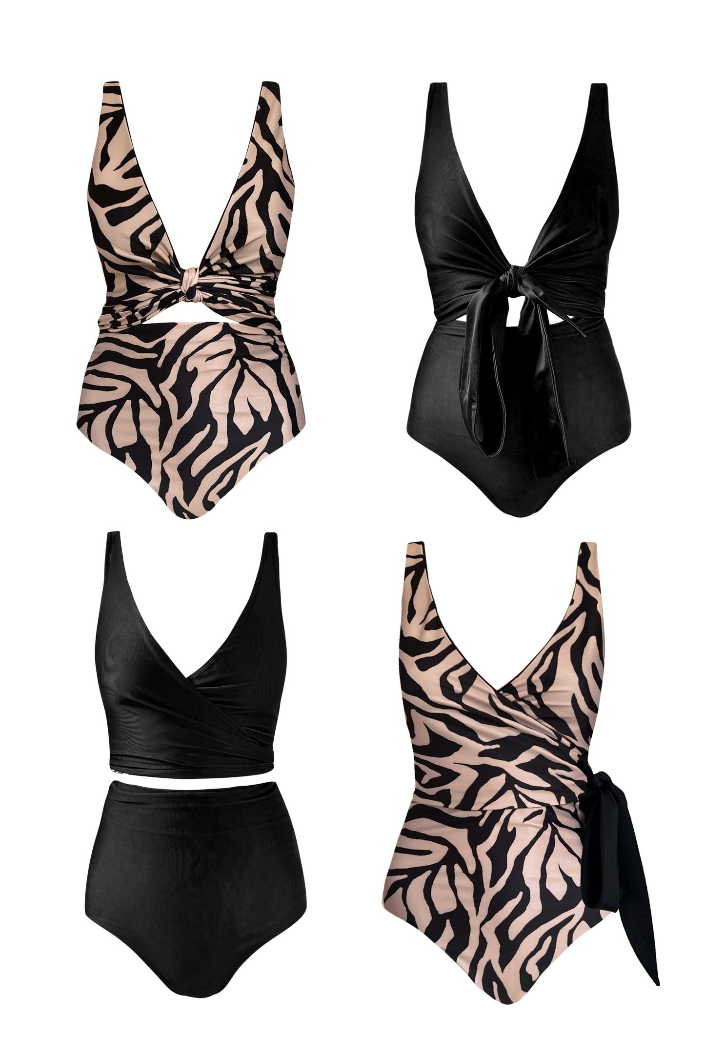 A product image showing each reversible side of the Tulum bikini set. One side is a sandy cream animal print and the other is a solid bold black. The image shows creative ways to use the waist tie to style the suit in different variations.