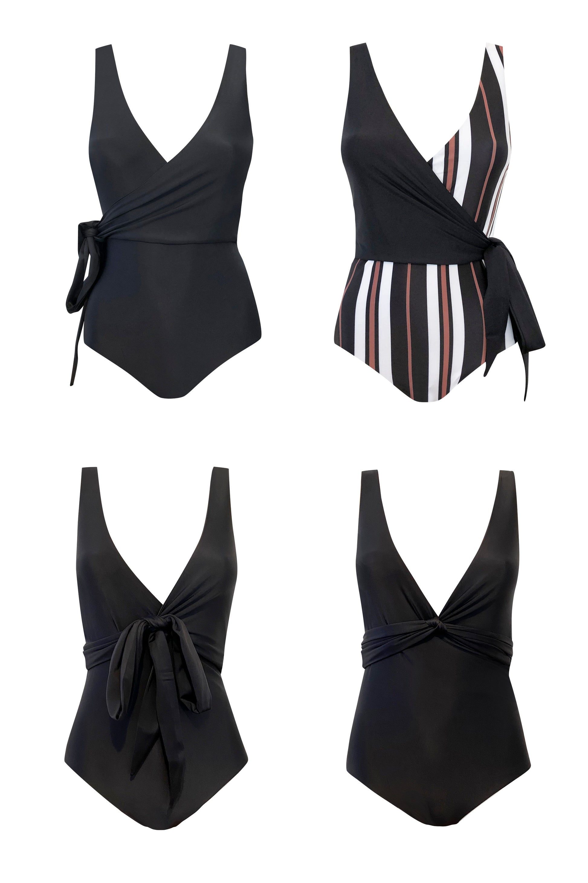 Four way product image showing different combinations of wrapsuit pieces.