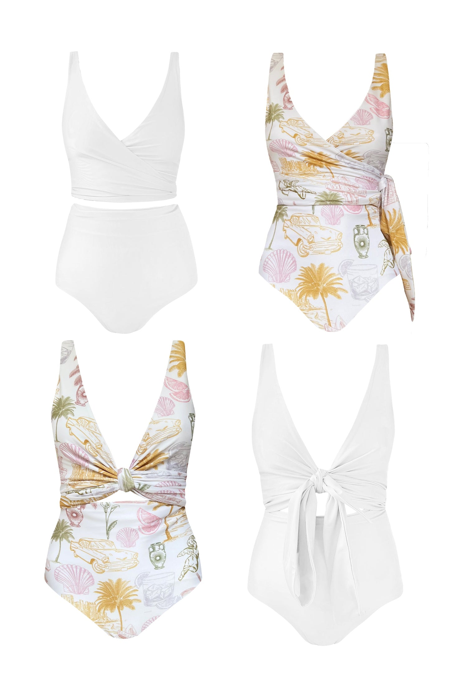 Product images of four different looks that can be made with just one Havana reversible bikini 
