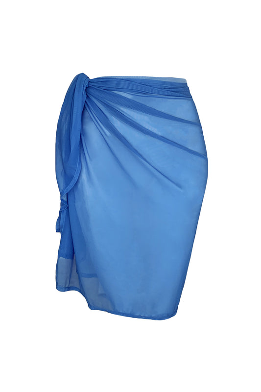 Woman wears a blue bikini top with a matching mesh sarong tied around her waist.