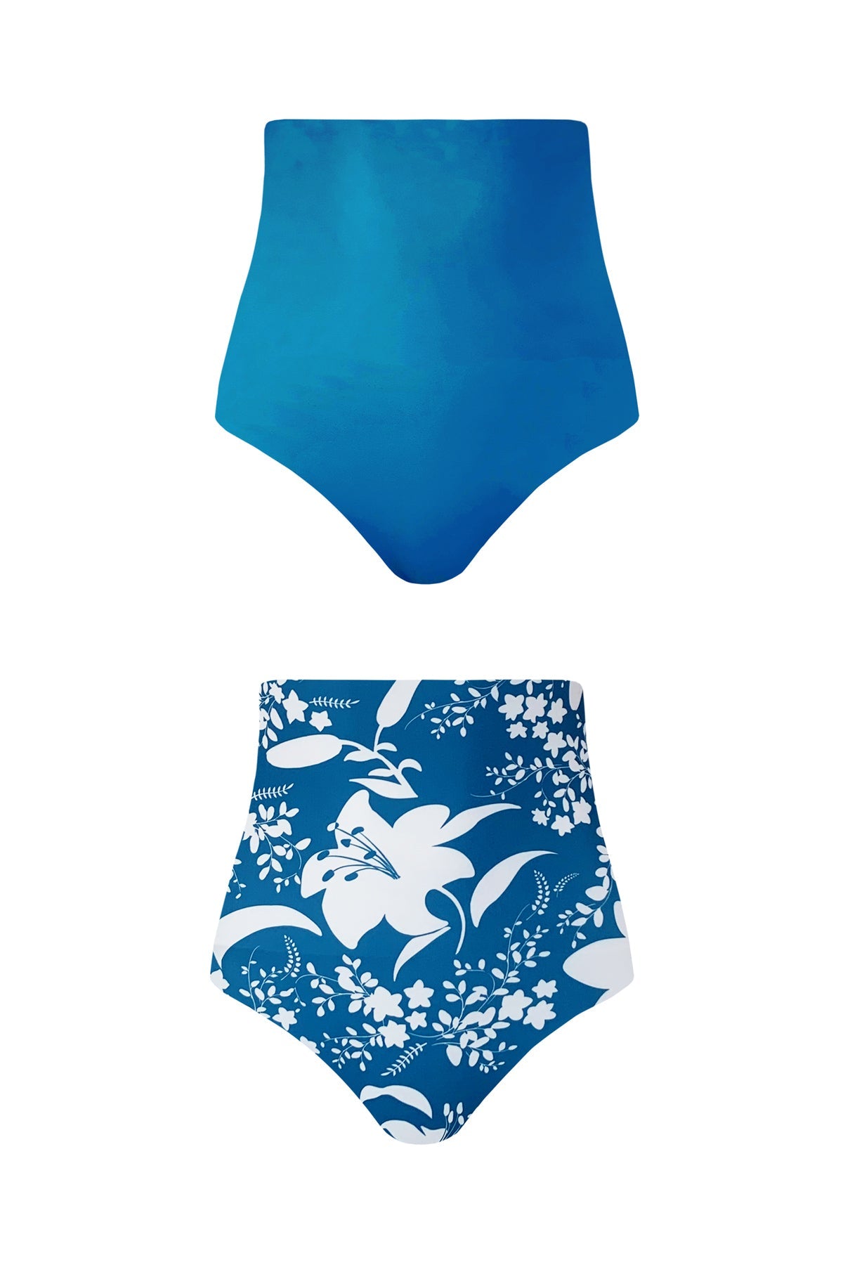 Product image showing each reversible side of the Tahiti bikini bottoms. One side is a white floral print and the other is a solid ocean blue colour. The bottoms are high waisted and sculpting.