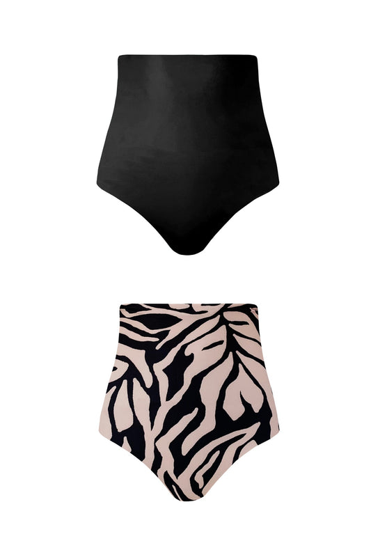A product image showing each reversible side of the Tulum bikini bottoms. One side is a sandy cream animal print and the other is a solid bold black.